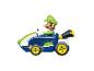 Luigi z Mario Kart v modrom gokarte so zelenými detailmi.