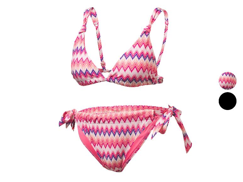 Bikiny s cikcak vzorom v ružových, oranžových a fialových odtieňoch.