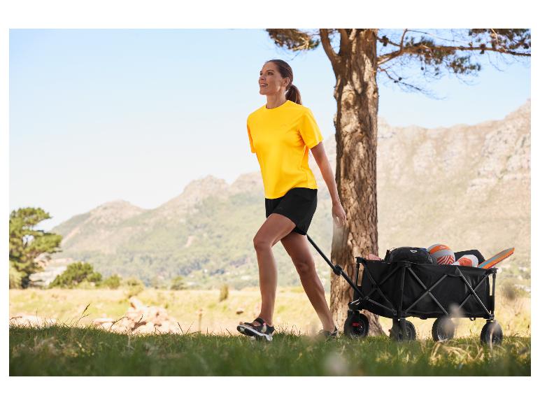 Žena ťahá plážový vozík plný športového vybavenia a tašiek.