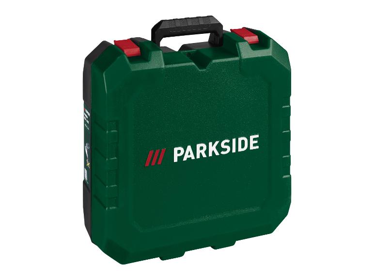 Zelený kufor na náradie Parkside s čiernou rukoväťou a červenými sponami.