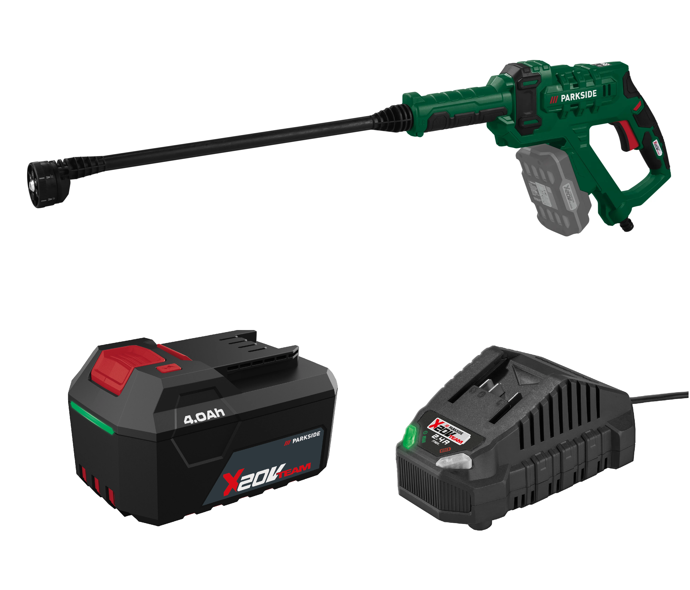 PARKSIDE® Aku tlakový čistič 20 V PDRA 20-Li D4 + Rýchlonabíjačka akumulátora 20 V/4,5 A + Akumulátor 20 V/4 Ah