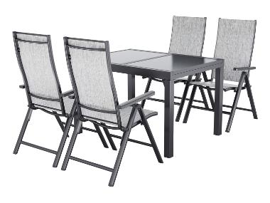 LIVARNO® Hliníkový rozťahovací záhradný stôl Houston/Toronto, 120 – 180 x 89 x 75 cm + Hliníkové skladacie kreslo Houston, 4 kusy