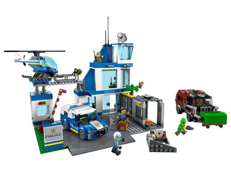 LEGO policajná stanica s helikoptérou, policajným autom a väzením.