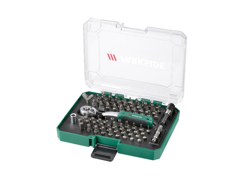 Sada bitov PARKSIDE so skrutkovačom s račňou a adaptérmi, v zelenom puzdre