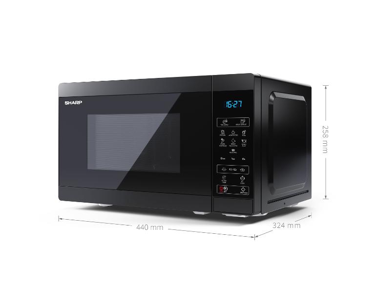 Čierna mikrovlnná rúra Sharp s digitálnym displejom a ovládacími tlačidlami, s rozmermi.