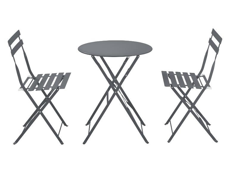 Sivý bistro set s okrúhlym stolom a dvoma skladacími stoličkami.