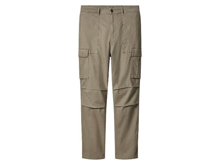 Khaki cargo nohavice s bočnými vreckami a detailmi švov.