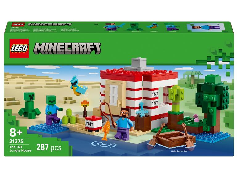Stavebnica Minecraft The TNT Jungle House s 287 dielikmi, s figúrkami a loďou.