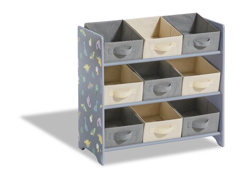 Šedý úložný regál s potlačou dinosaurov a deviatimi úložnými boxmi.