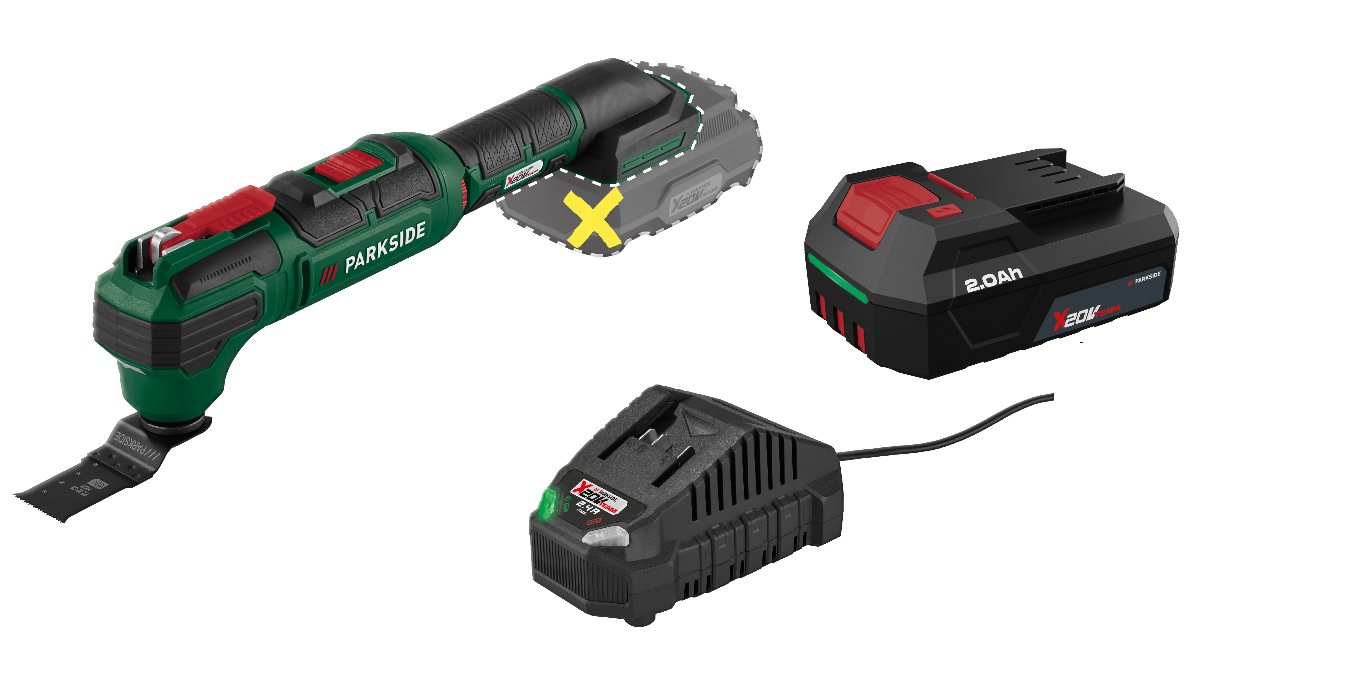 PARKSIDE® Aku multifunkčné náradie PAMFW 20-Li C3 + Akumulátor 20 V/2 Ah PAP 202 A1 + Nabíjačka na akumulátor 20 V/2,4 A PLG 20 C1