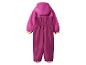 Zadný pohľad na detský snehový overal vo farbe fuchsia a purpurovej s elastickým pásom.
