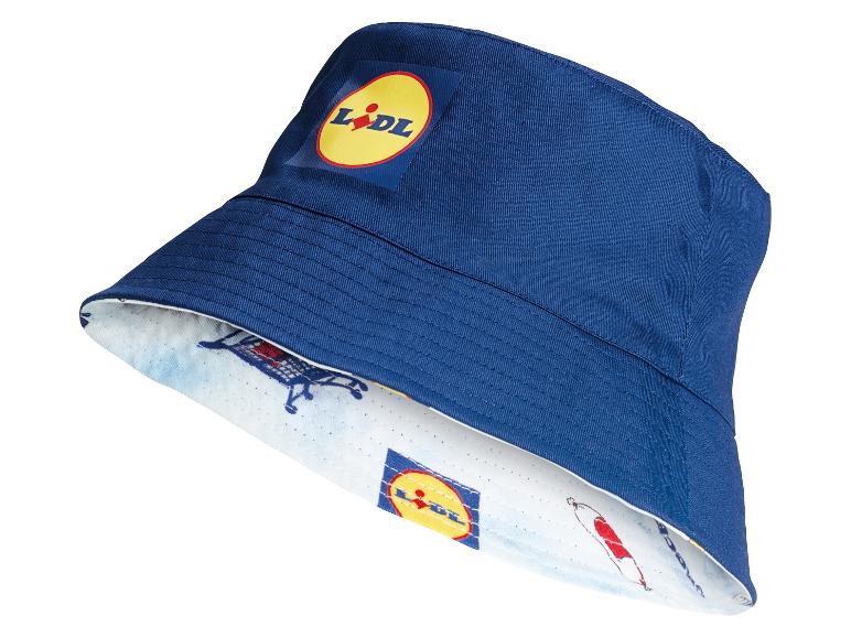 Lidl modrá obojstranná bucket čiapka, vzor nákupného košíka.