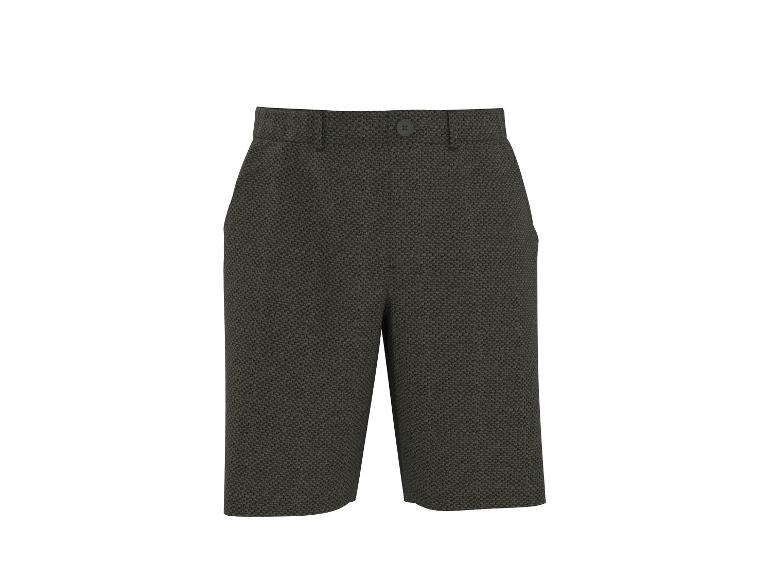 Pánske tmavé khaki šortky s textúrou rybej kosti a gombíkom.