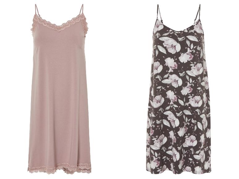 Dve camisole: púdrovoružová s čipkou a druhá s kvetinovým vzorom.