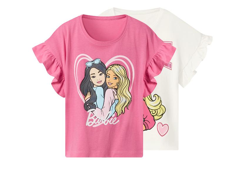 Dve ružové a biele dievčenské tričká Barbie s volánovými rukávmi a potlačou Barbie.