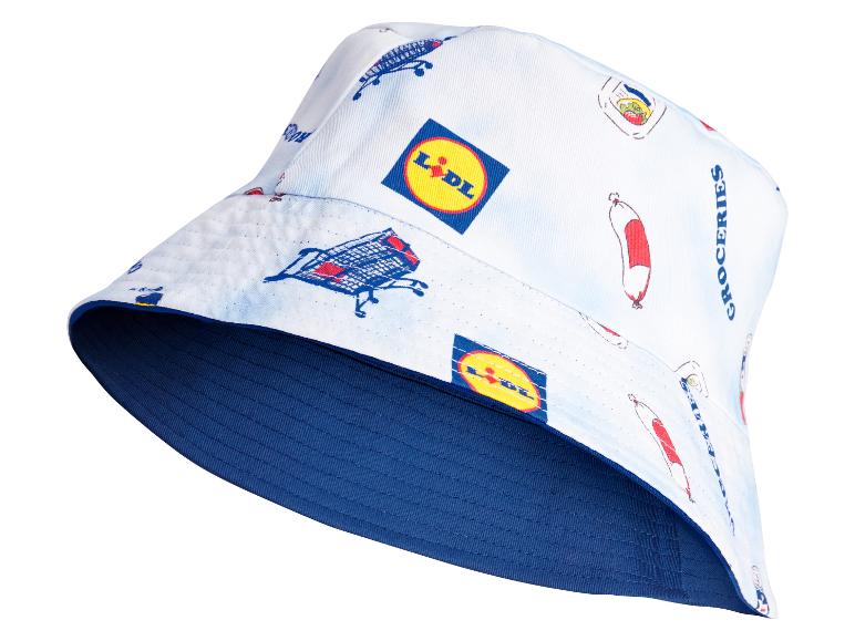Lidl bucket klobúk s potravinovým vzorom: nákupné vozíky, klobásy a logo.