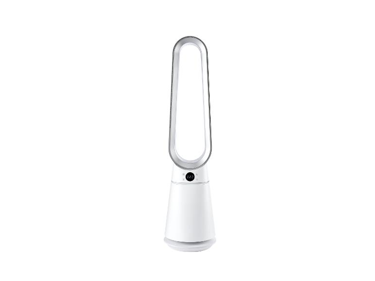 Biely vežový ventilátor s digitálnym displejom a bezlopatkovým dizajnom.