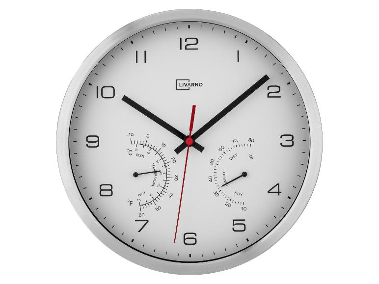 Nástenné hodiny Livarno s teplomerom a vlhkomerom, ukazujúce 10:10.