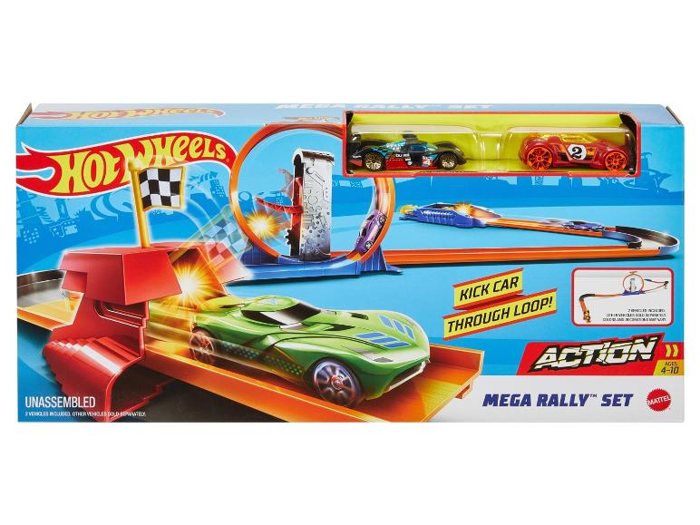 Sada Hot Wheels Mega Rally™ s zeleným autom, ktoré prechádza slučkou.