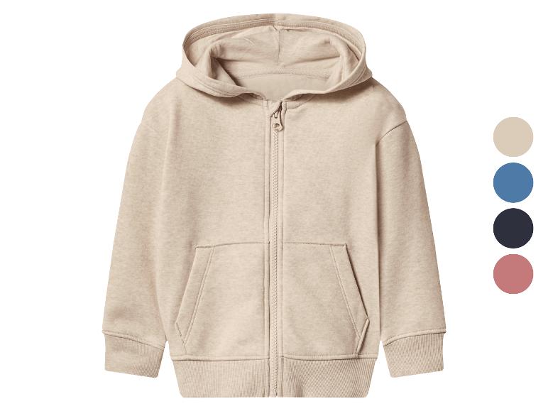 Béžová detská mikina s kapucňou na zips s vreckami, so vzorkami farieb.