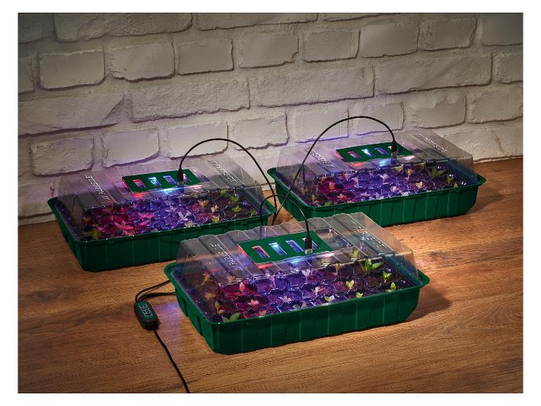 Tri mini skleníky PARKISDE s LED pestovateľskými svetlami a regulátorom teploty.