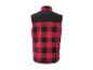 Červeno-čierna károvaná vesta s vysokým golierom a čiernym panelom na ramenách.