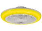 Žlto-biely stropný ventilátor s integrovaným svetlom, pohľad zospodu.