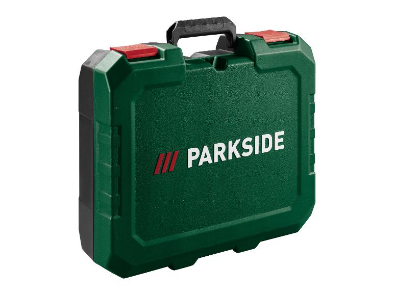 Zelený kufor na náradie PARKSIDE s čiernou rukoväťou a červenými sponami.