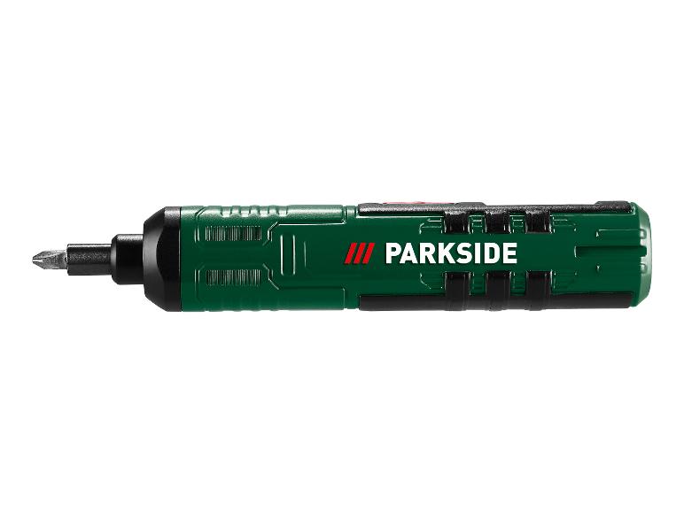 Elektrický skrutkovač PARKSIDE v zelenej a čiernej farbe s bitom.
