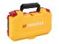 Žltý kufor na náradie Parkside s červenými sponami a čiernou rukoväťou.