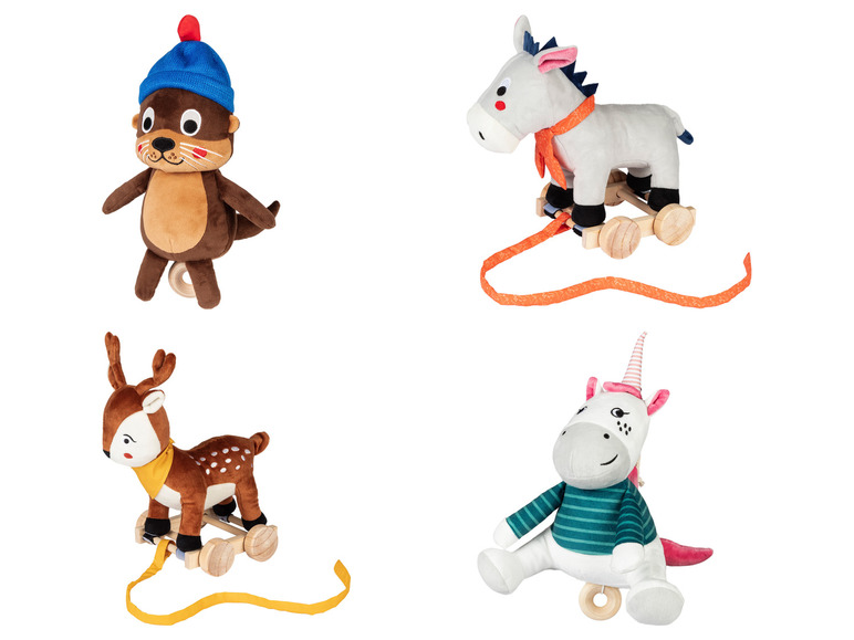 Oslík, jeleň, jednorožec a vydra na kolieskach pre malé deti.