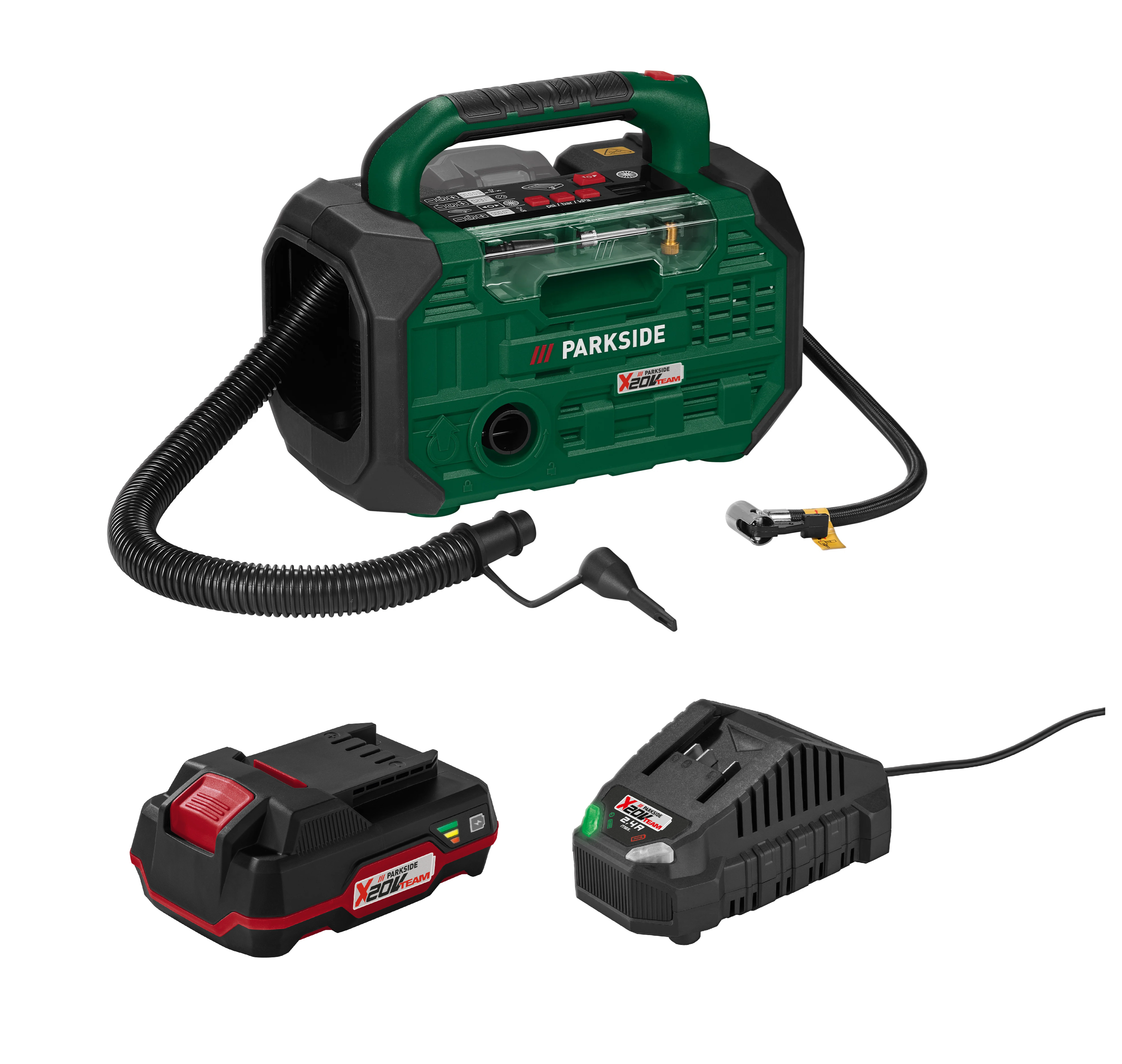 E-shop PARKSIDE® Aku kompresor a pumpa PKA 20-Li D3 + Akumulátor 20 V/2 Ah PAP 20 B1 + Nabíjačka na akumulátor 20 V/2,4 A PLG 20 C1