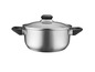 Nerezový hrniec s priehľadným skleneným vekom a čiernymi rukoväťami.