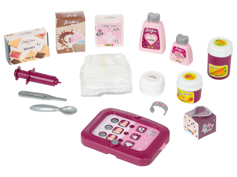 Sada na starostlivosť o bábätko s doplnkami Smofy Baby Nurse: plienka, fľaša, cumlík, teplomer, striekačka, hracia tabletka a viac.