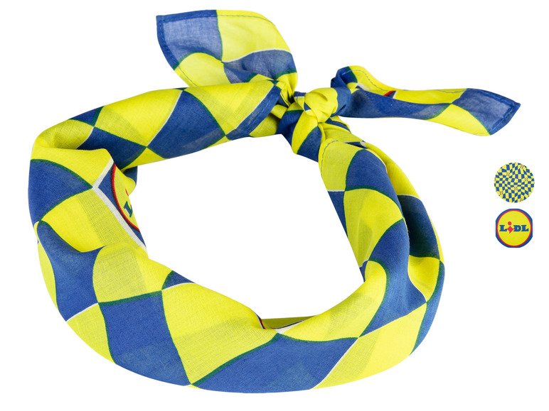 Žltá a modrá bandana s logom Lidl.