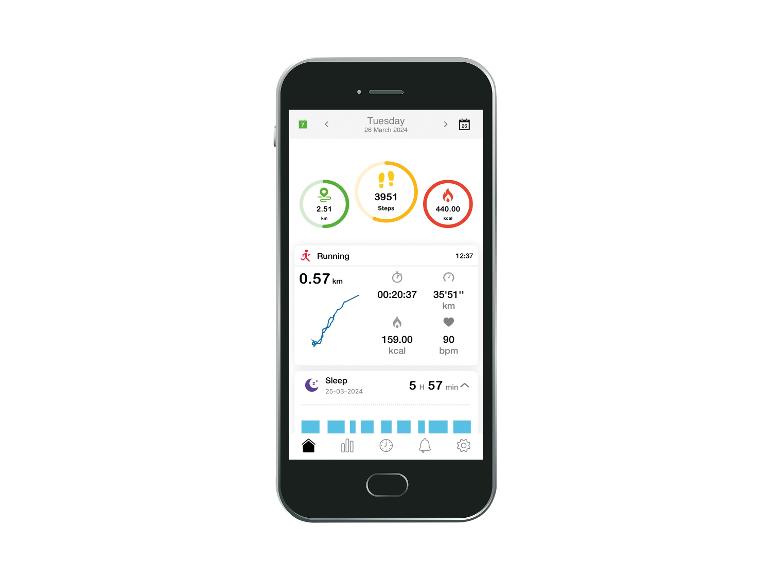 Smartfón s fitness aplikáciou, ktorá zaznamenáva kroky, kalórie a spánok.