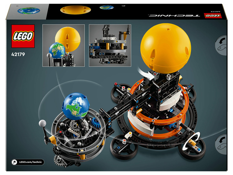 LEGO Technic model pracovného planetária so slnkom, Zemou a mesiacom.