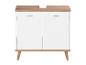 Biela a drevená skrinka pod umývadlo s dvoma dvierkami a šikmými nohami.