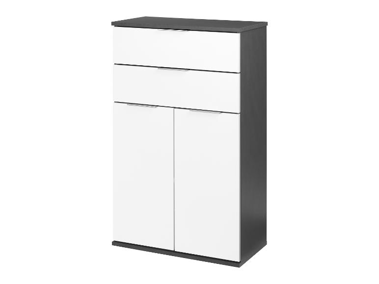 Moderný vysoký komoda s dvoma dvierkami a tromi zásuvkami.