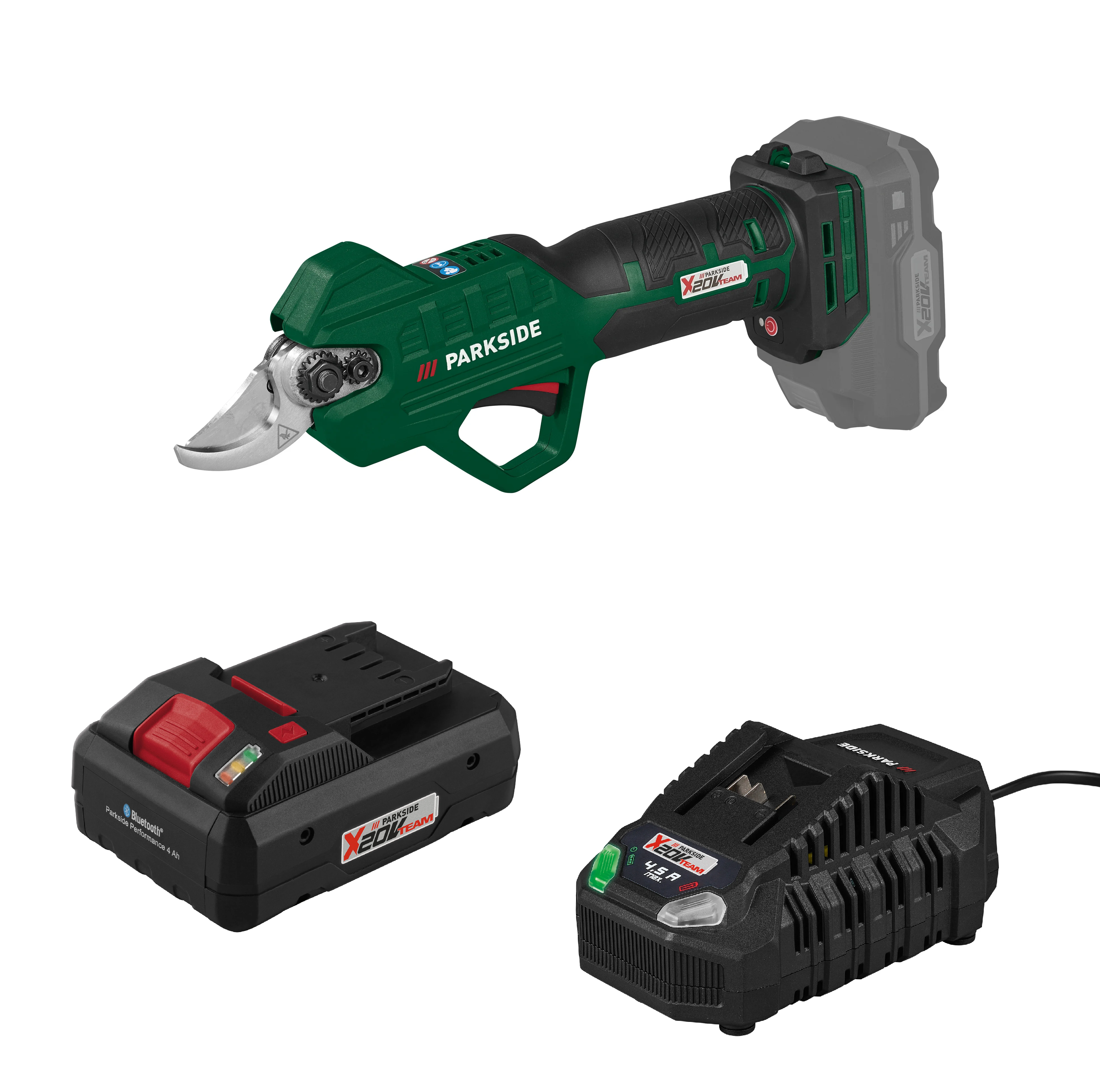 PARKSIDE® Aku nožnice na konáre 20 V PAAS 20-Li B1 + Smart akumulátor 20 V/4 Ah + Rýchlonabíjačka akumulátora 20 V/4,5 A