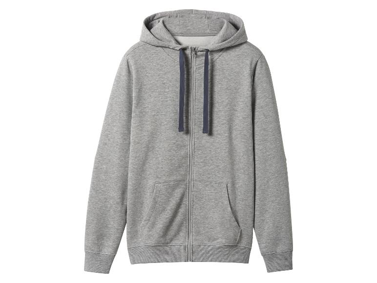 Sivá mikina s kapucňou na zips s tmavomodrými šnúrkami