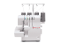 Overlock Singer 14SH654: biely overlockový šijací stroj so sivými cievkami nite.