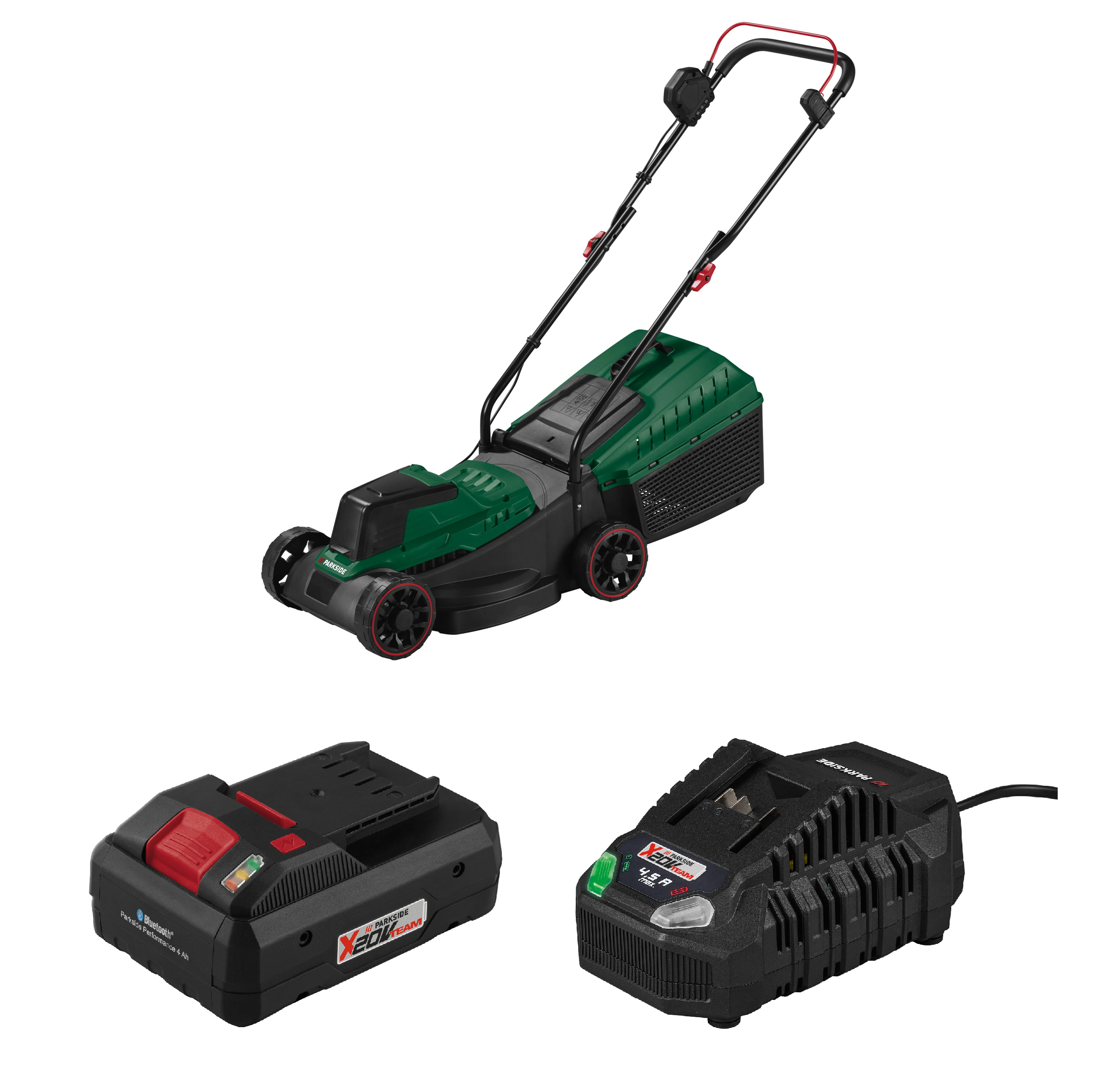 PARKSIDE® Aku kosačka na trávu 20 V PARM 20 A1 + Smart akumulátor 20 V/4 Ah + Rýchlonabíjačka akumulátora 20 V/4,5 A
