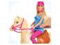 Bábika Barbie jazdiaca na hračkárskom koni, držaná ľudskou rukou.