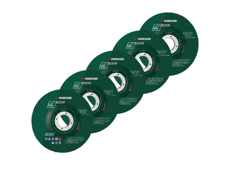 Päť zelených rezacích kotúčov na kov s rozmermi 115 x 6,0 x 22,23 mm a max. 13 300 ot./min.