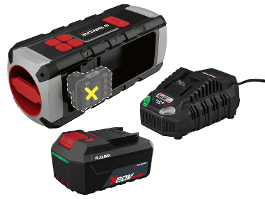 PARKSIDE PERFORMANCE® Stavebný Bluetooth® reproduktor PBL 40 A1 + Akumulátor 20 V/4 Ah + Rýchlonabíjačka 20 V/4,5 A