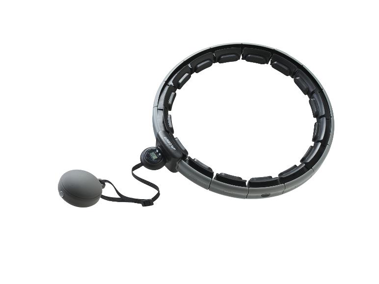 Sivý hula hoop s digitálnym počítadlom a pripojeným guľovým závažím.