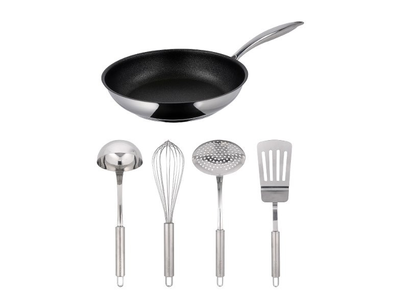 SILVERCREST® Panvica z ušľachtilej ocele Premium s keramickou vrstvou, Ø 24 cm + Súprava kuchynských pomôcok Premium, 4-dielna