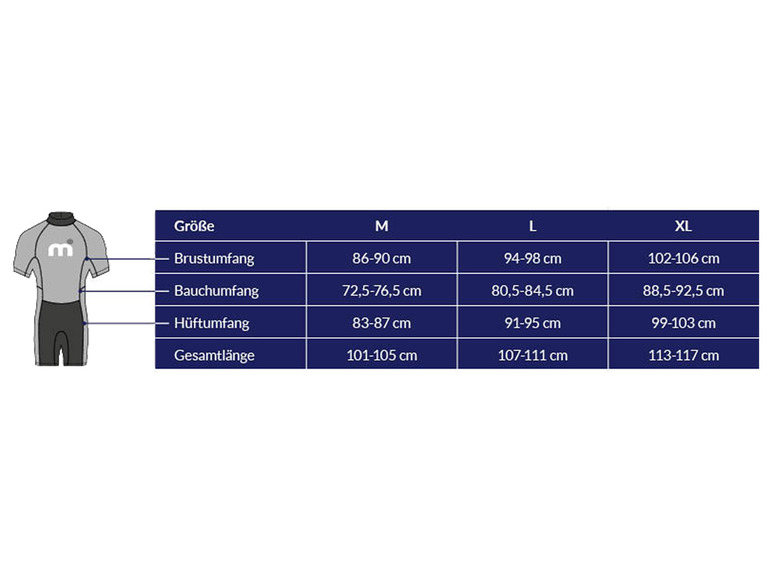 Potápačský oblek s krátkym rukávom a tabuľka veľkostí.