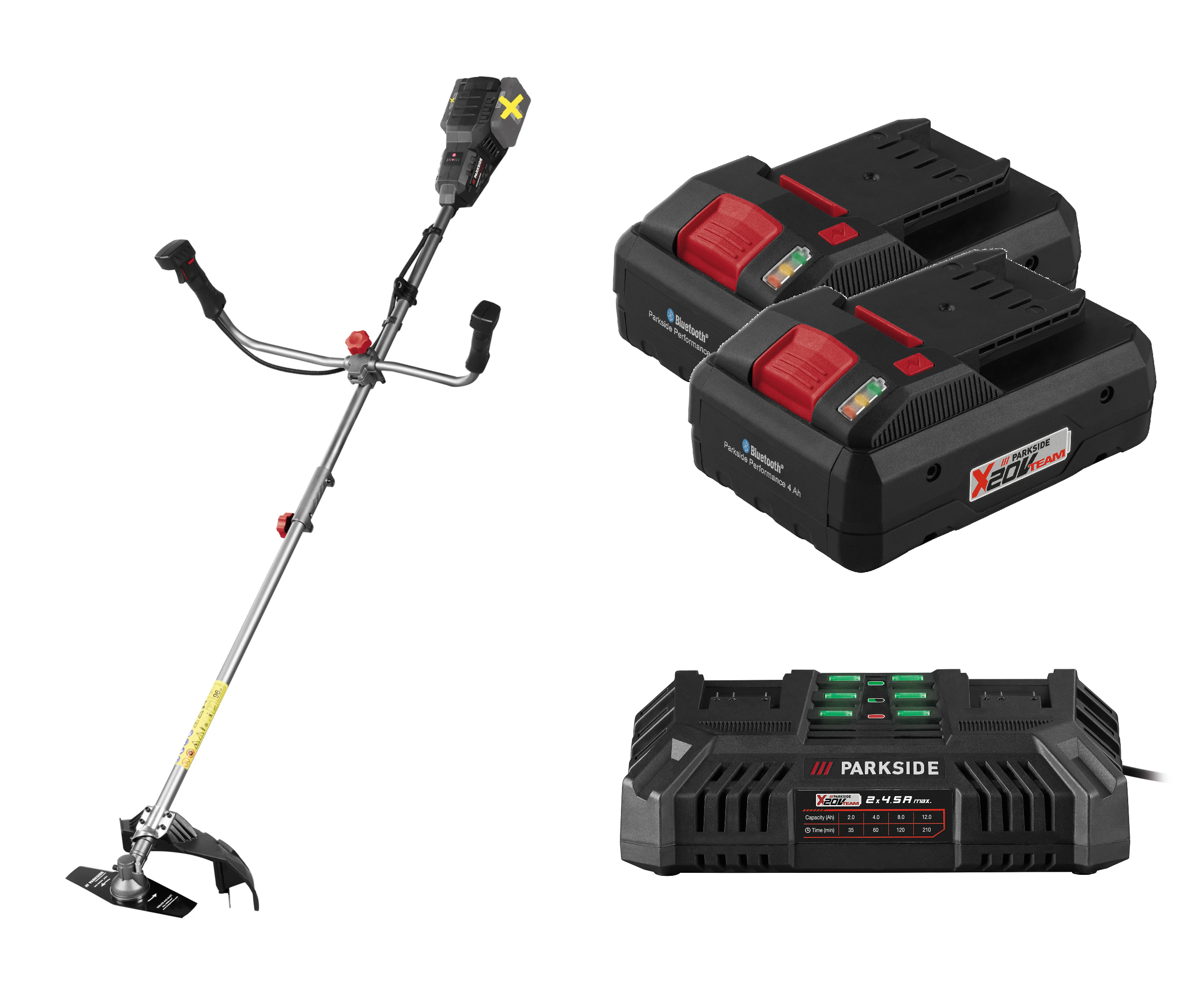 E-shop PARKSIDE PERFORMANCE® Aku krovinorez 2 v 1 PPAFS 40-Li A1 + Smart akumulátor 20 V/4 Ah, 2 kusy + Dvojitá nabíjačka na akumulátor 20 V/4,5 A
